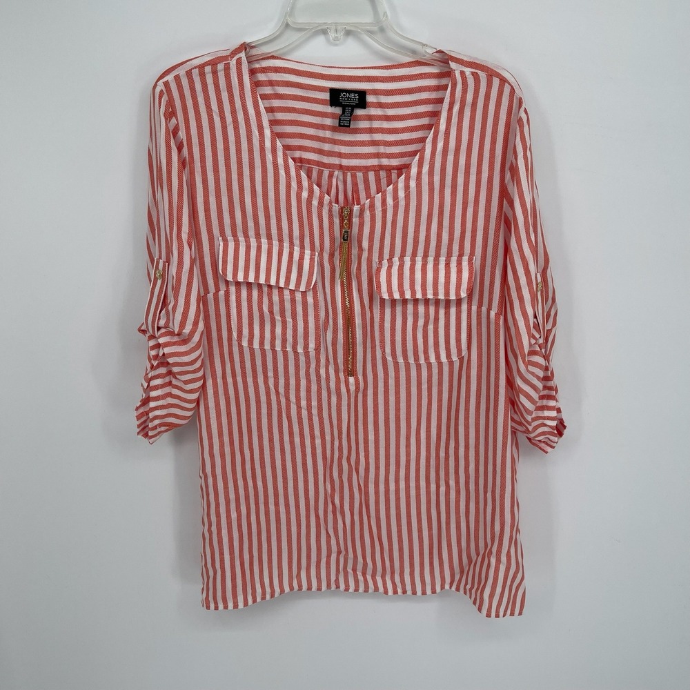 Jones New York Women's Orange Striped Roll Tab Sleeve Zip Front Blouse Size XL